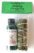 Smudging kit labeled 'Money Drawing' with a bottle of honey water and dried herbs on a white background.