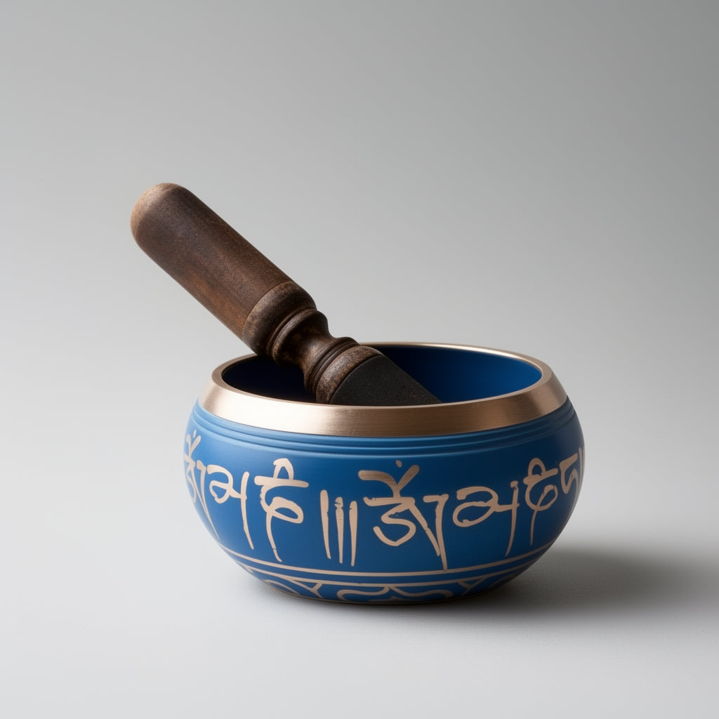 Blue singing bowl with a wooden handle on a gray background