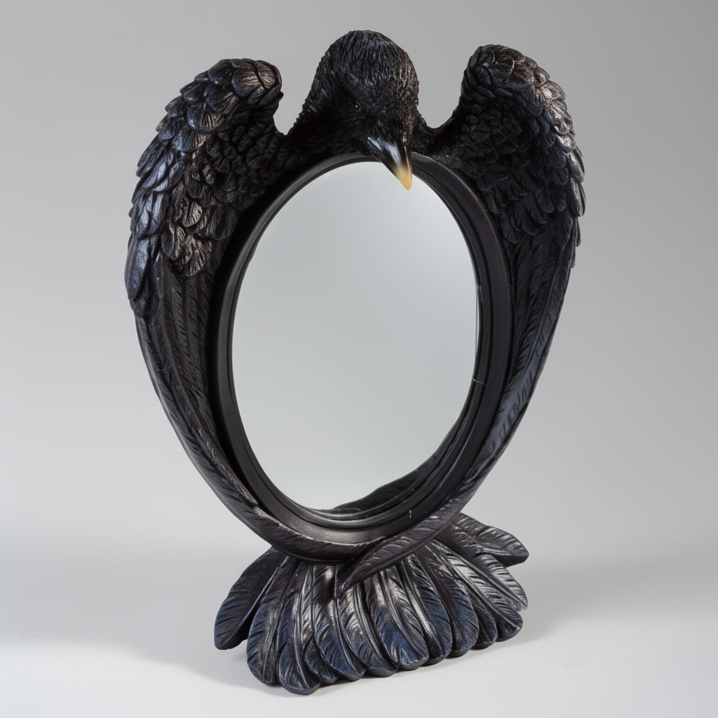 Decorative mirror with raven design on a plain background