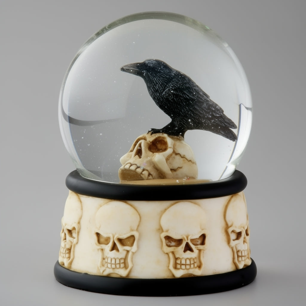 Snow globe with a crow on a skull and skull patterns on the base against a gray background