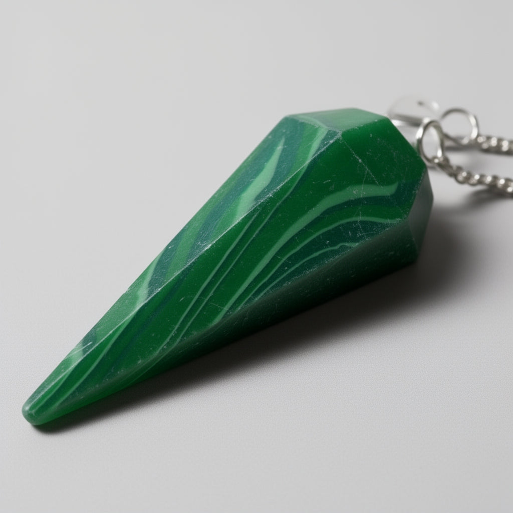 Green stone pendulum on a gray background