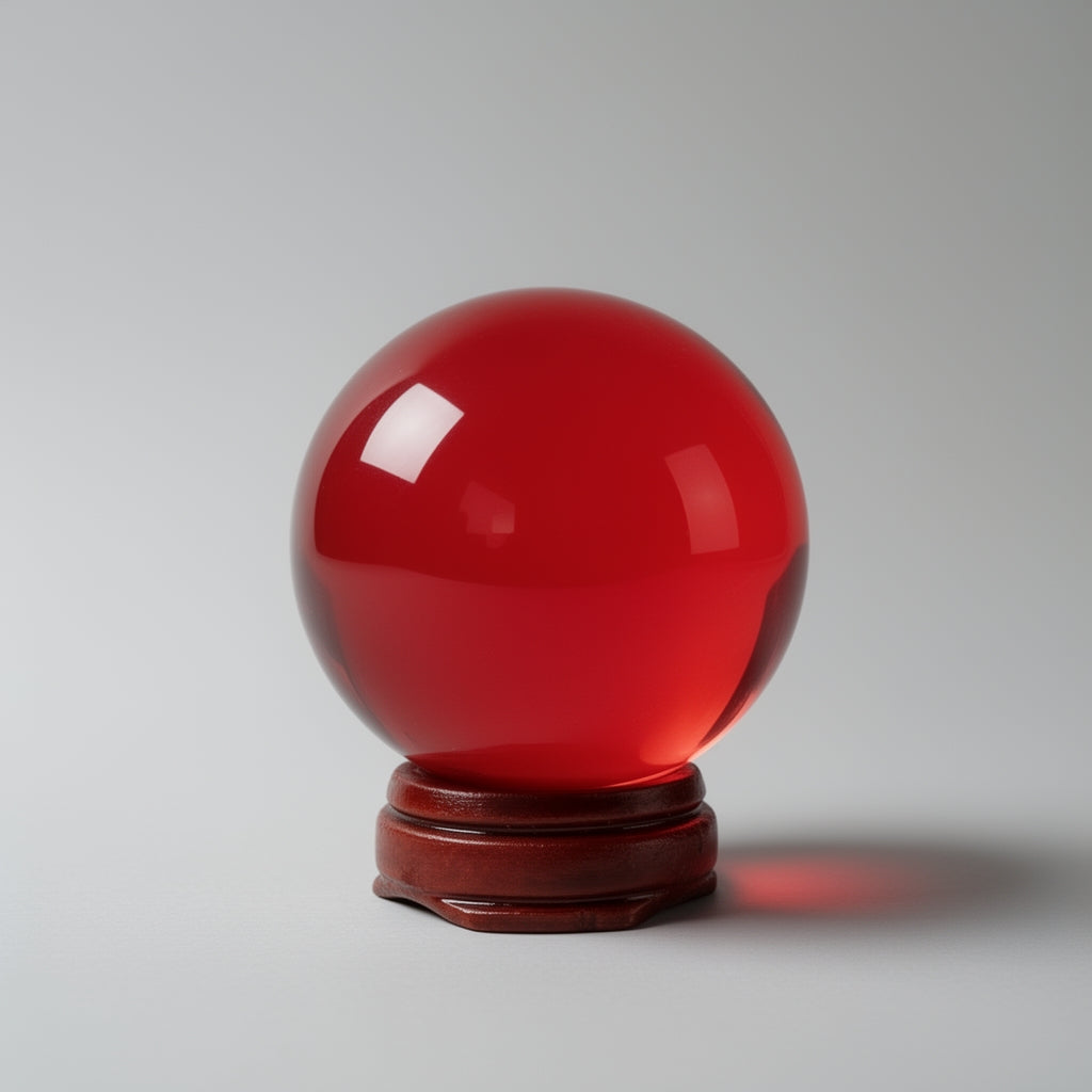 Red glass sphere on a wooden stand against a gray background