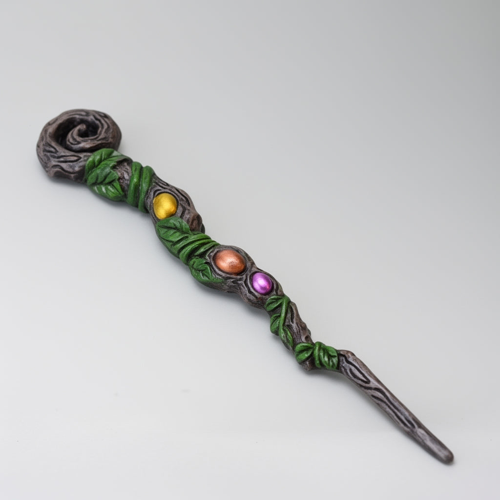Decorative wand with green leaves and colorful beads on a white background