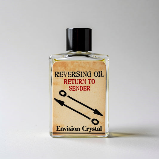 Bottle of 'Reversing Oil' with a label on a gray background