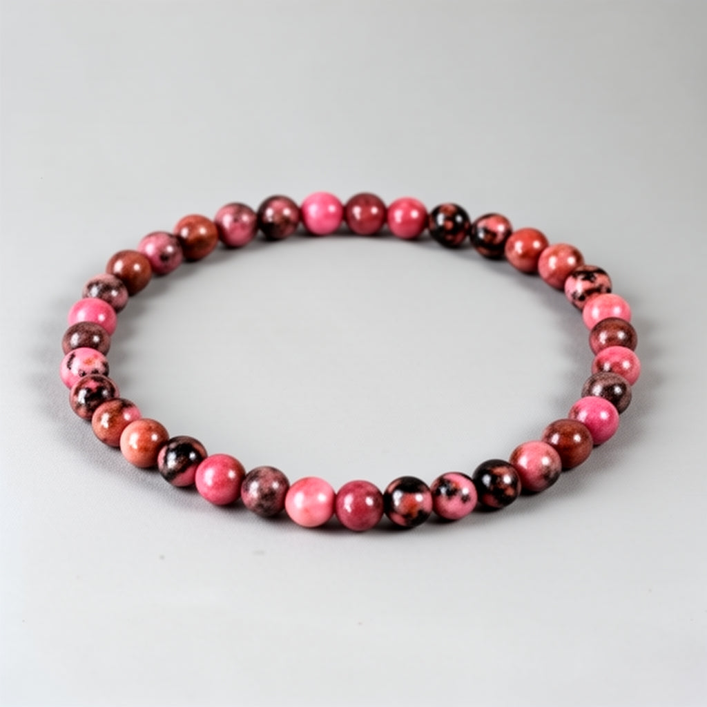 Beaded bracelet with pink and brown beads on a light gray background