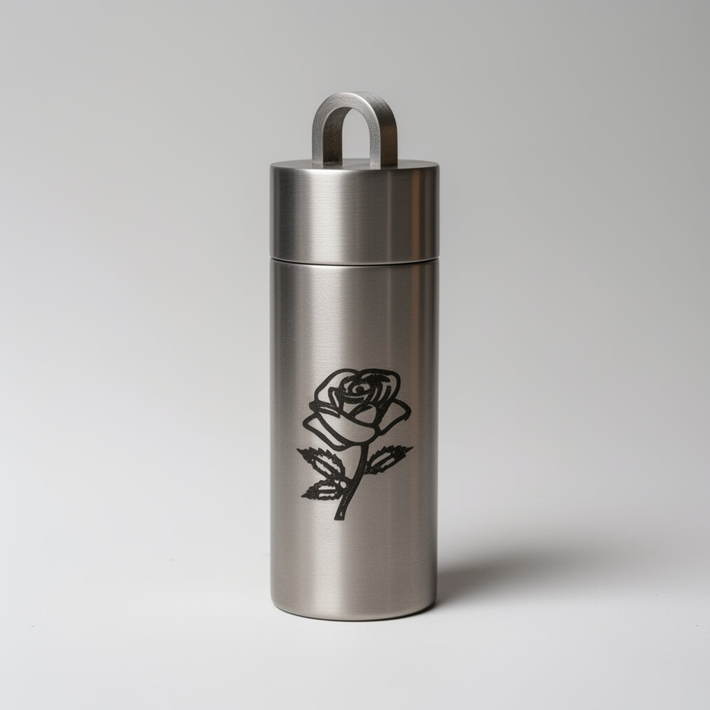 Stainless steel container with a rose design on a light gray background