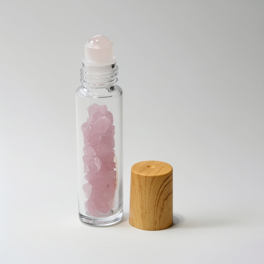 Clear glass roller bottle with pink crystals and wooden cap on a white background
