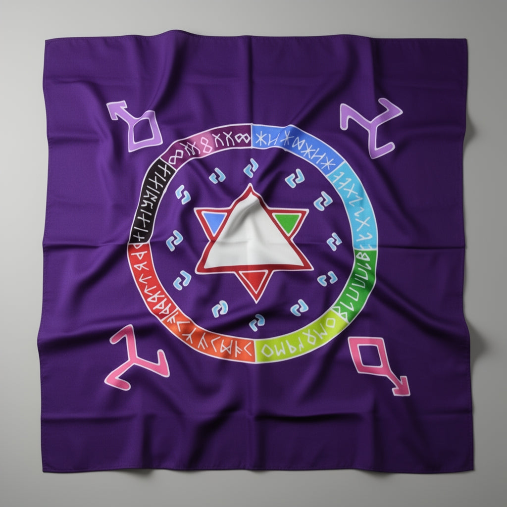 Purple fabric with colorful symbols and a star design on a gray background