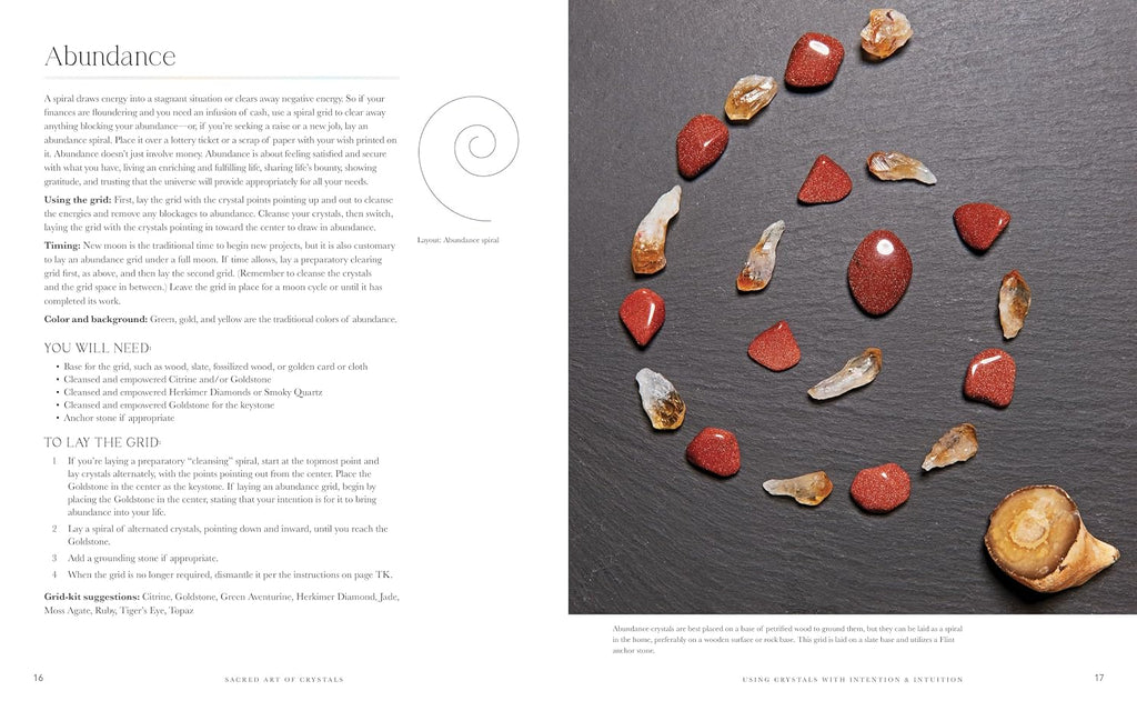 An interior page from a book or magazine spread titled 'Abundance,' showing a left column of text on a light background and a right-side photo of polished stones and a shell arranged on a dark slate surface. The page appears to be editorial or instructional content rather than a clean product-only shot.