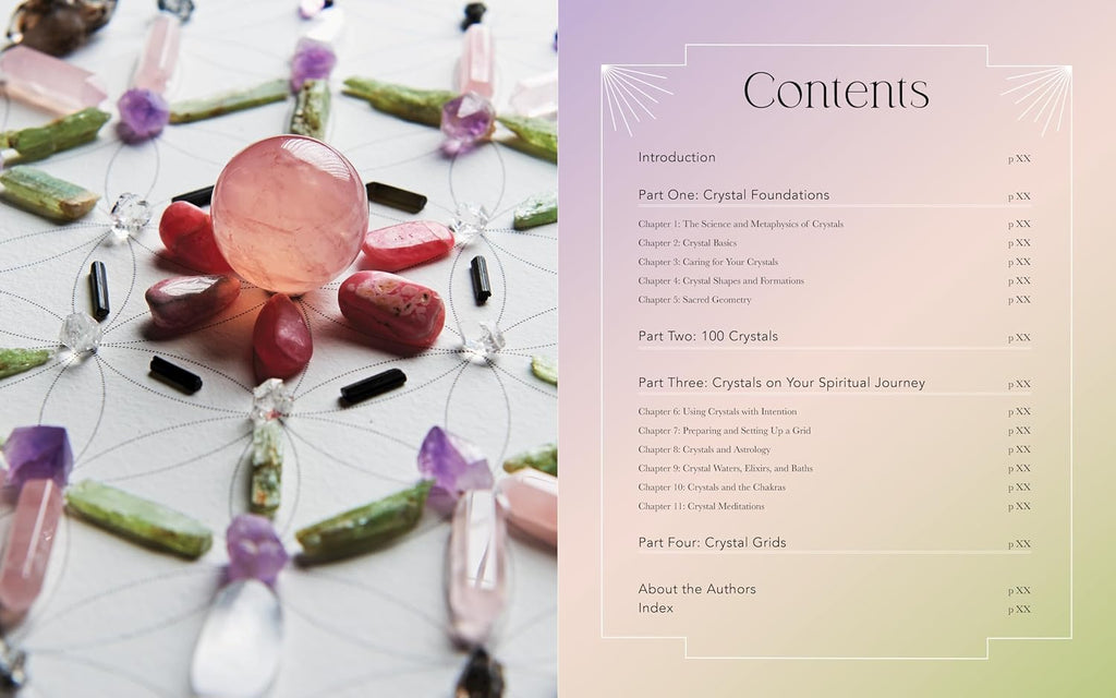 A book or booklet spread showing the table of contents on the right, with a decorative crystal arrangement on a white surface on the left. The crystals include a pink orb, red stones, clear quartz, green and purple stones, and black obsidian-like pieces.