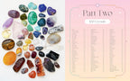 A book or booklet cover titled 'Part Two 100 Crystals' with a large photo of assorted polished and raw gemstones arranged on the left and a pink-to-beige table of crystal names on the right.