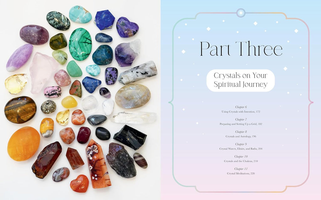 A book or booklet cover design split into two sections: the left side shows a collection of polished and raw crystals arranged on a white background, and the right side has a pastel blue-to-pink gradient panel with the text 'Part Three' and 'Crystals on Your Spiritual journey' plus a small chapter list.