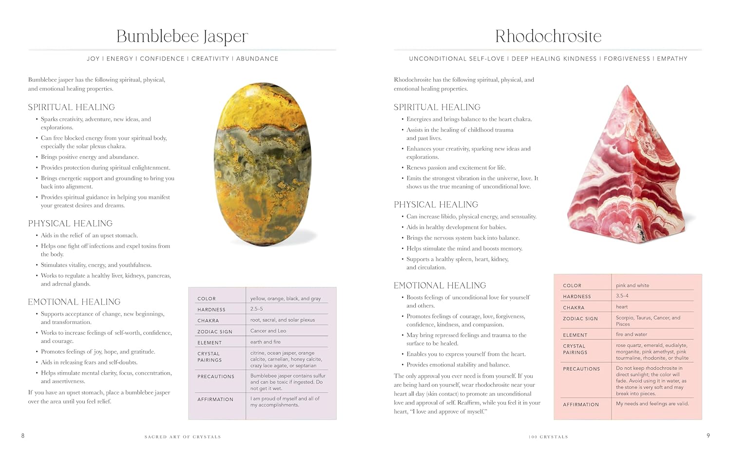 An open book spread showing two pages with text about crystal healing stones, including Bumblebee lasper on the left and Rhodochroite on the right, each accompanied by a large crystal photo and a small chart at the bottom.