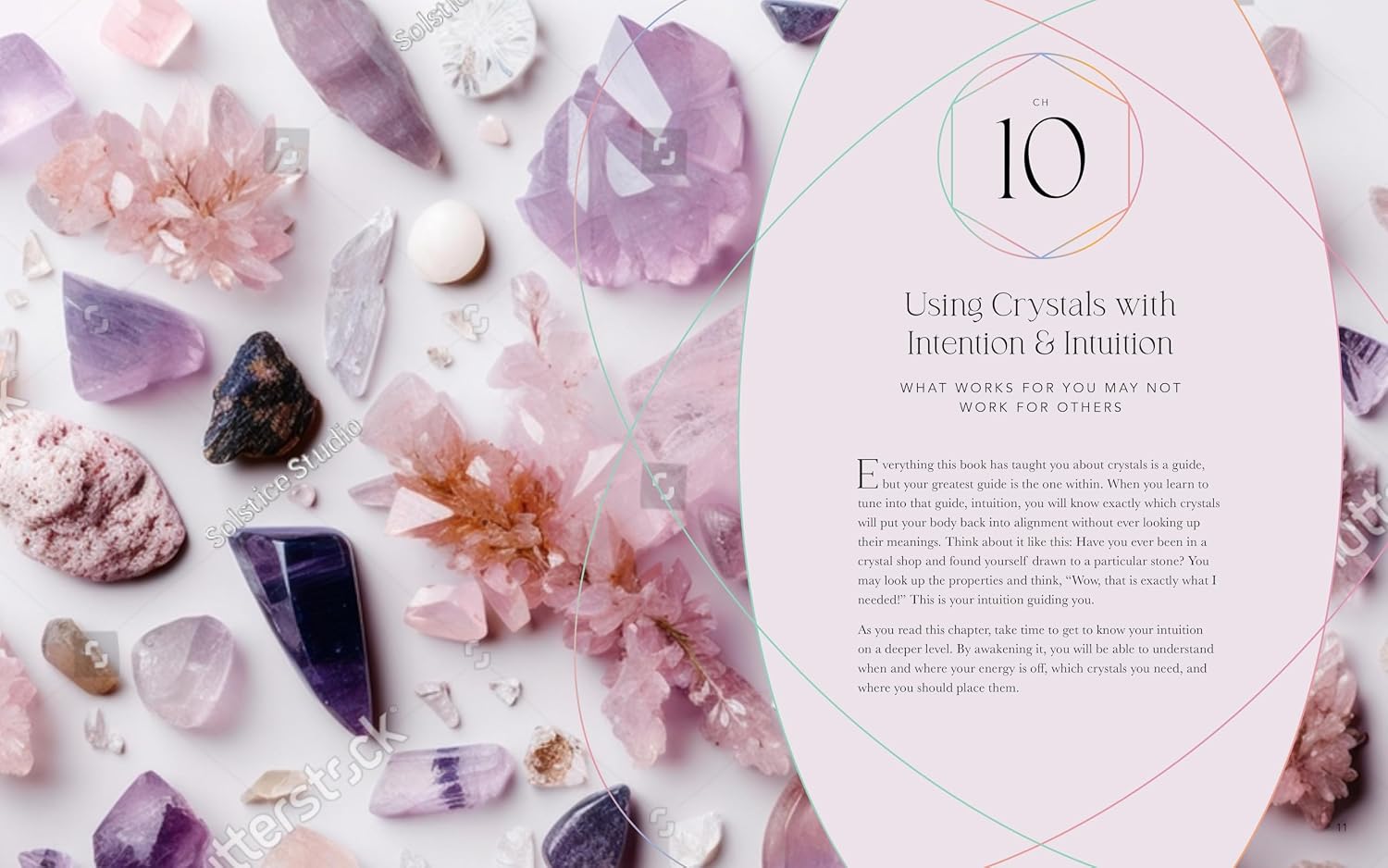 A styled flat-lay featuring a white and pale pink booklet titled '10 Using Crystals with Intention & Intuition' surrounded by various pink, purple, and clear crystals on a white background.