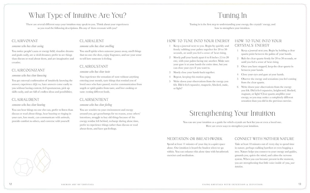An interior page from a book or guide titled 'What Type of Intuitive Are You?' with columns of text, headings, and small circular illustrations along the bottom margin on a white page.