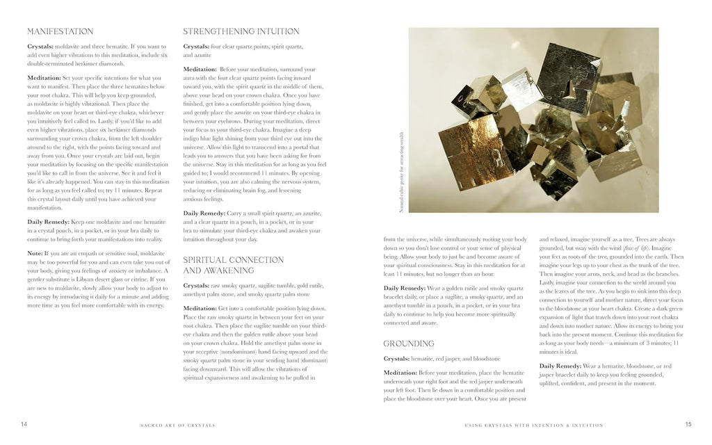 A two-page spread from a book or magazine featuring text columns and a square color photograph of a gold-toned crystal cluster on a dark background. The page has a white background with black and gray text and small decorative headings.