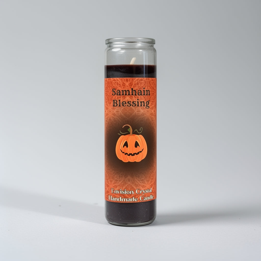 Candle with 'Samhain Blessing' label and pumpkin design on an orange background
