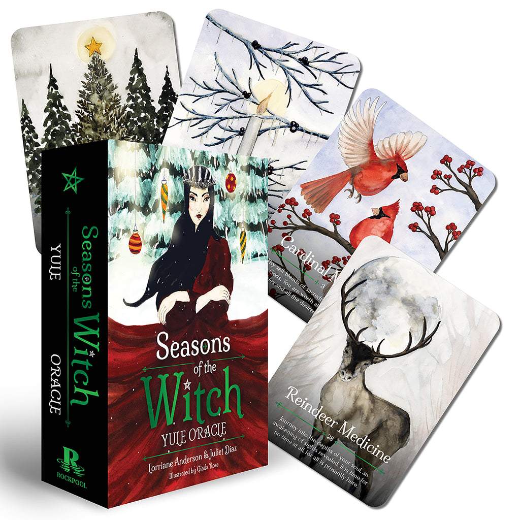 Seasons of the Witch Oracle cards with a box and cards featuring nature and characters.