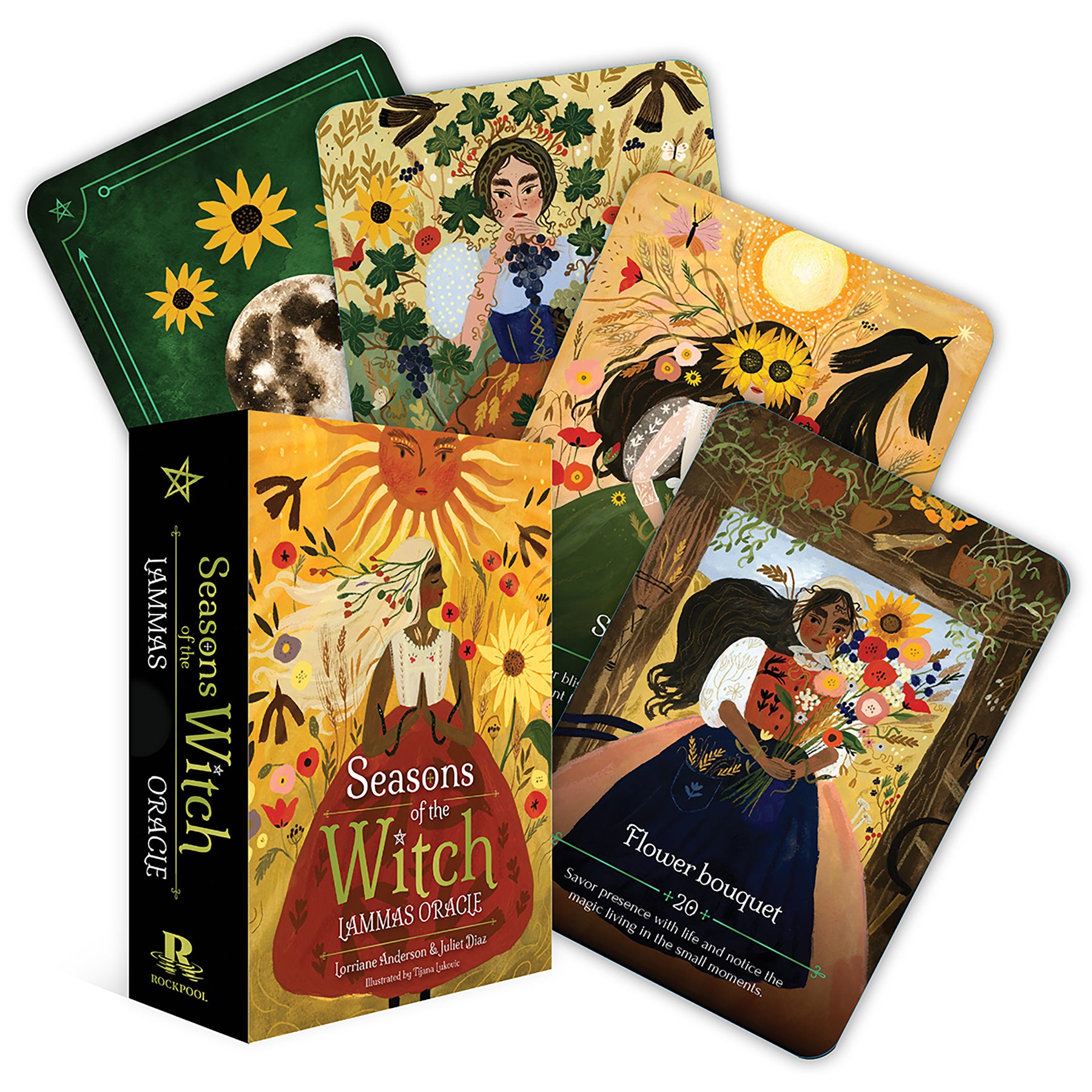 Set of tarot cards titled 'Seasons of the Witch' with colorful designs and a box.