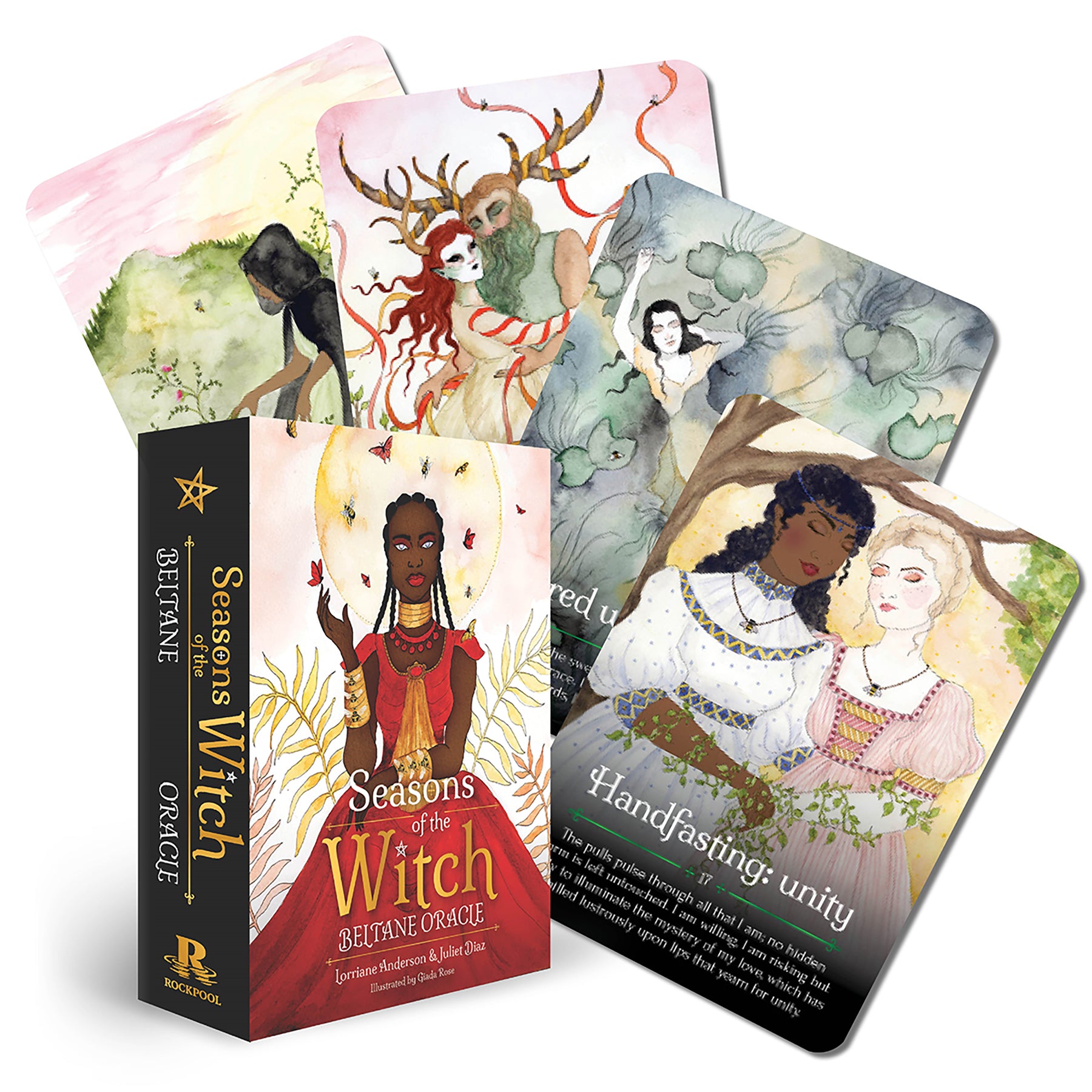 Card deck titled 'Seasons of the Witch' with colorful illustrations on a white background