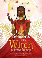 Book cover of 'Seasons of the Witch: Beltane Oracle' with a woman in a red dress and butterfly design.