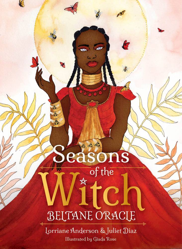 Book cover of 'Seasons of the Witch: Beltane Oracle' with a woman in a red dress and butterfly design.