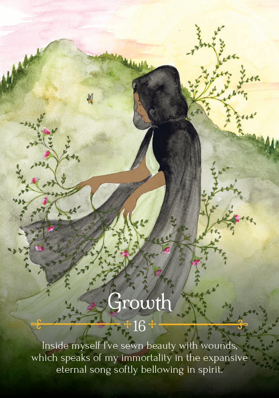 Illustration of a hooded figure surrounded by plants with the word 'Growth' at the bottom.
