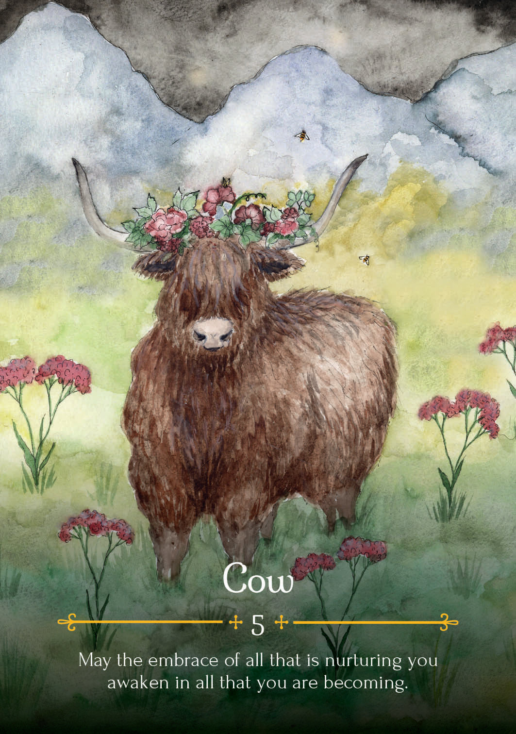 Illustration of a cow with flowers in a mountainous landscape