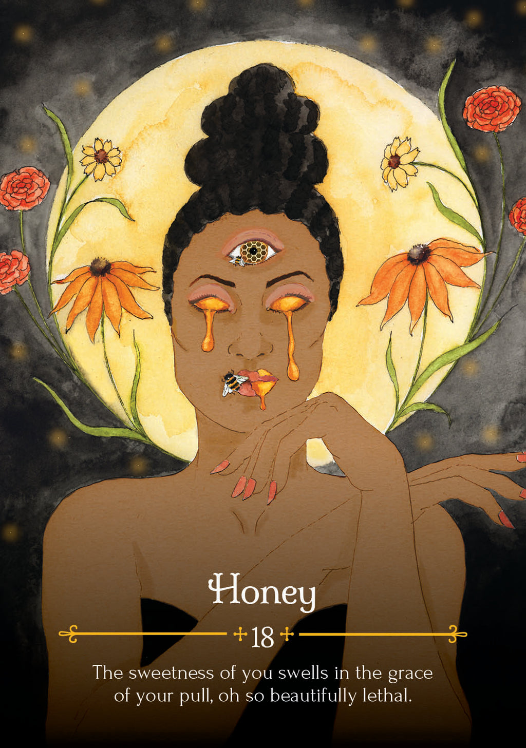 Illustration of a woman with flowers and a full moon in the background, with text 'Honey 18' and a quote.