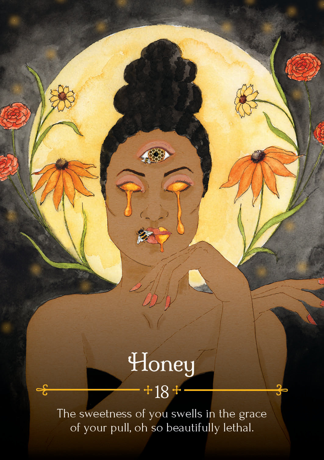 Illustration of a woman with flowers and a full moon in the background, with text 'Honey 18' and a quote.