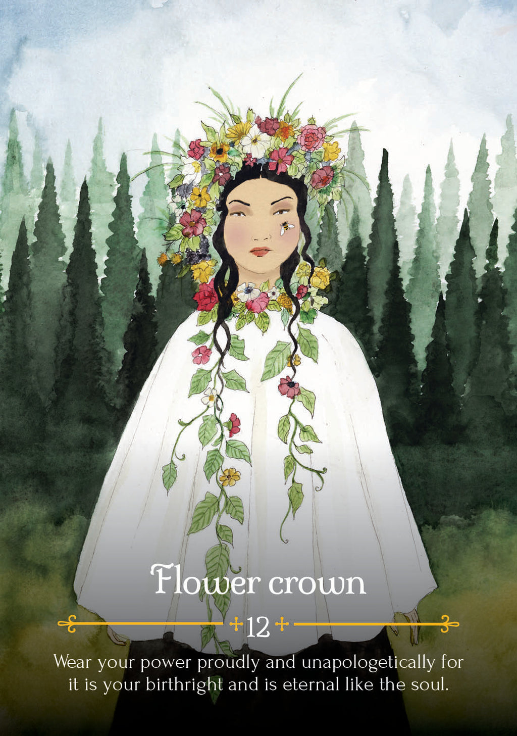 Illustration of a woman wearing a flower crown with text about wearing power proudly.
