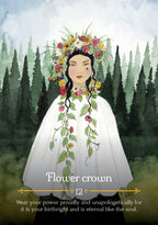 Illustration of a woman wearing a flower crown with text about wearing power proudly.