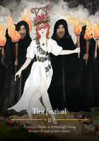 Illustration of a woman in a white dress with red hair, surrounded by figures in black with torches, titled 'Fire festival'.