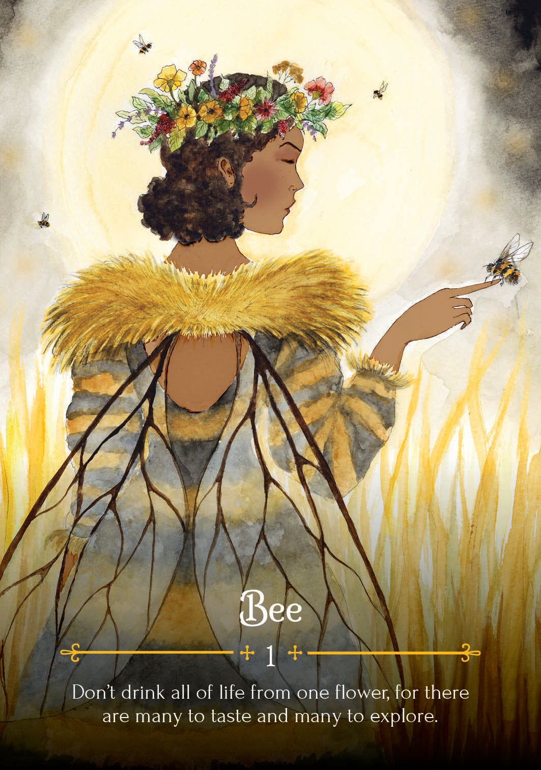 Illustration of a person with floral crown and bee, surrounded by nature elements.