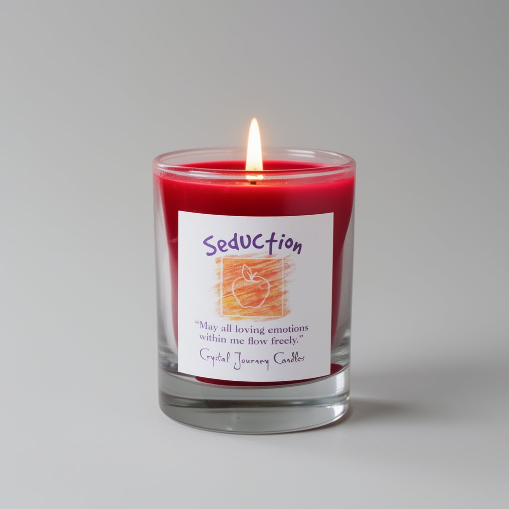 Red candle in a glass jar with a label on a gray background