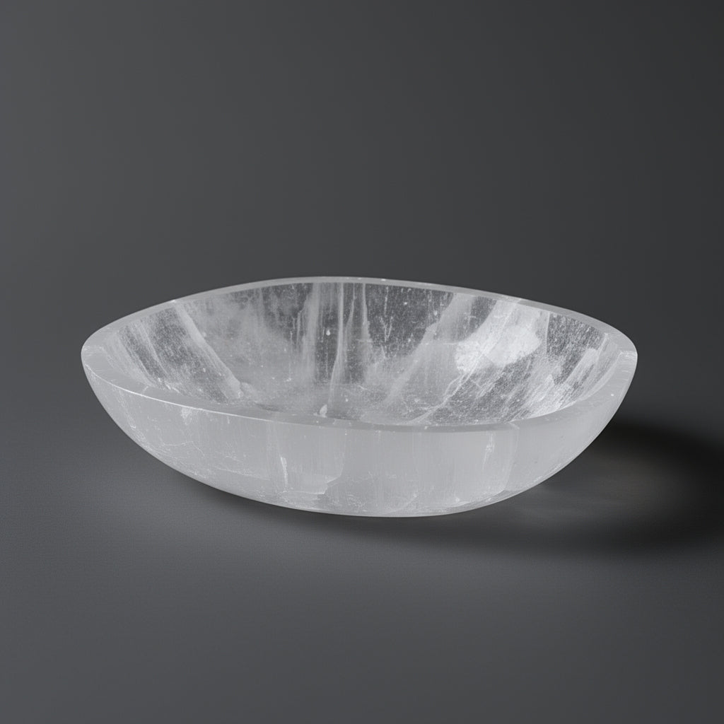 Clear crystal bowl on a dark gray background
