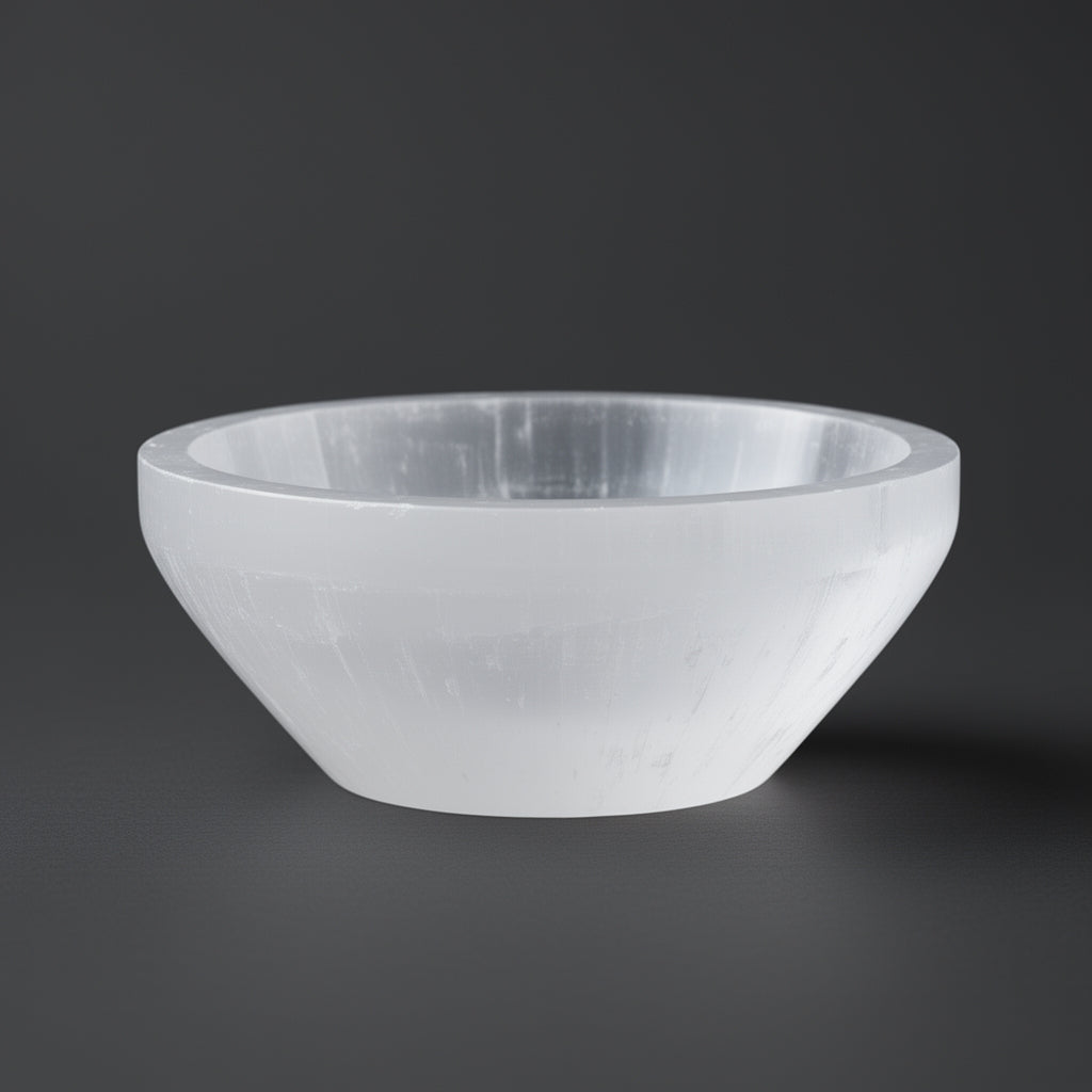 White selenite bowl on a dark gray background
