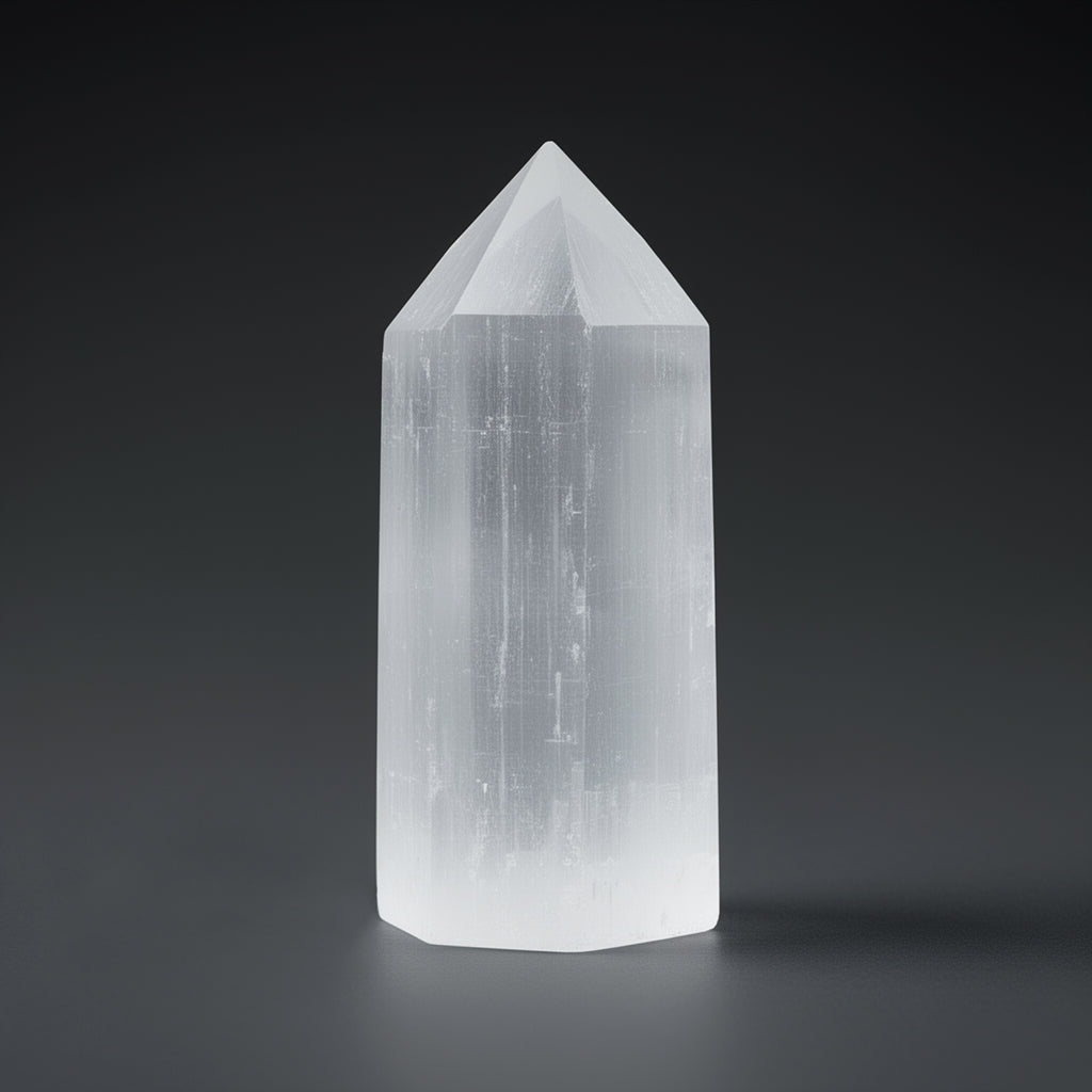Clear crystal tower on a dark background