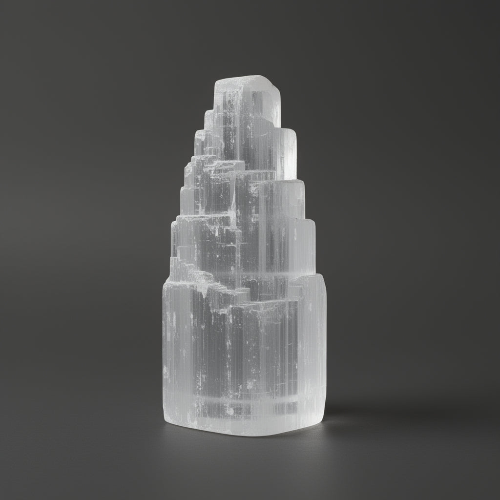Clear crystal formation on a dark gray background