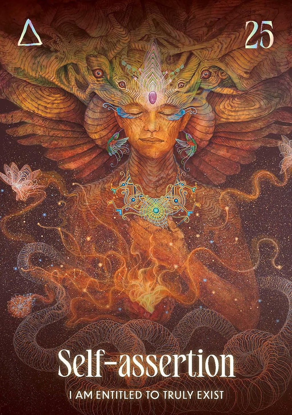 Artistic depiction of a person with intricate designs and text about self-assertion on a dark background.