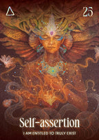 Artistic depiction of a person with intricate designs and text about self-assertion on a dark background.