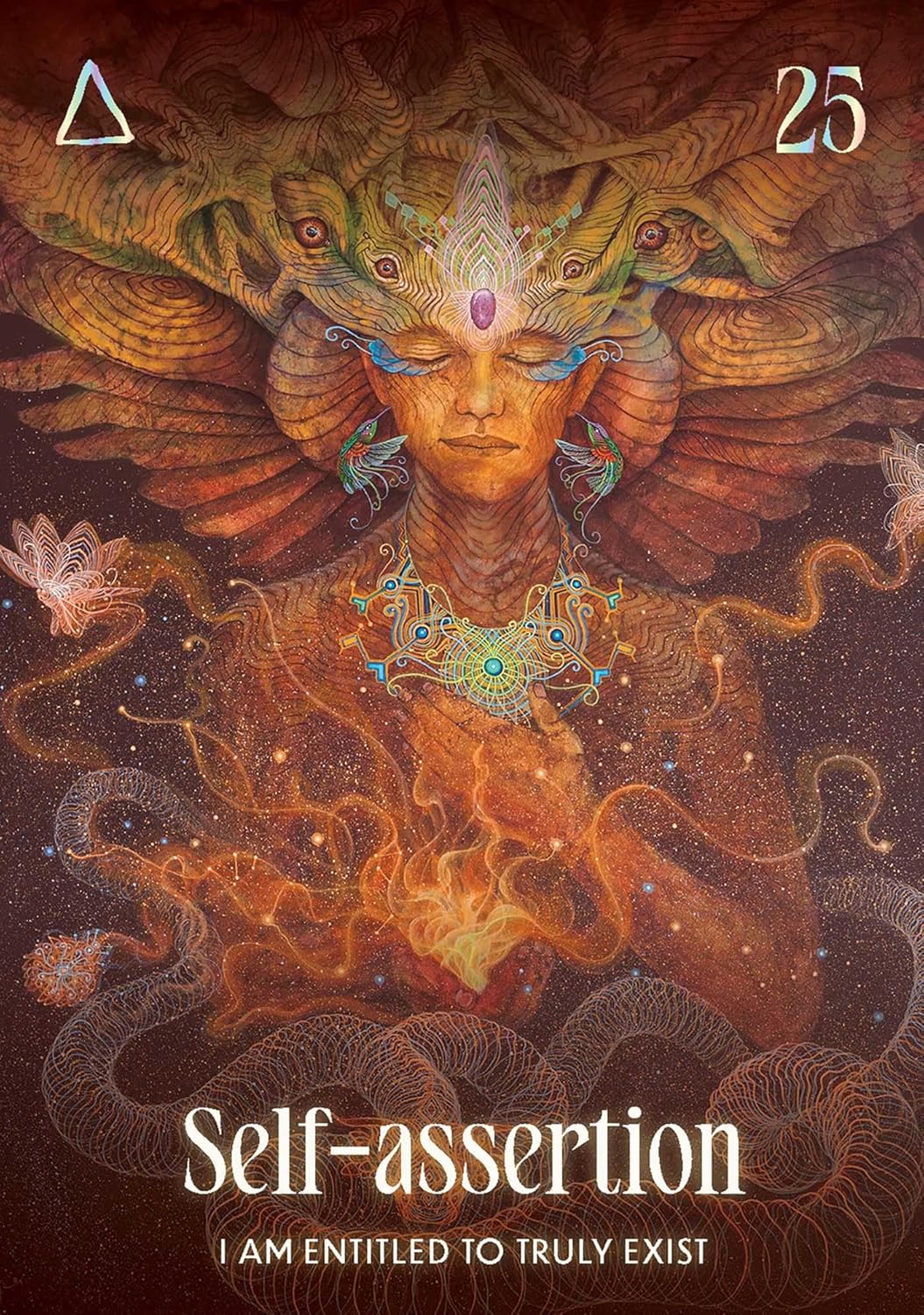 Artistic depiction of a person with intricate designs and text about self-assertion on a dark background.