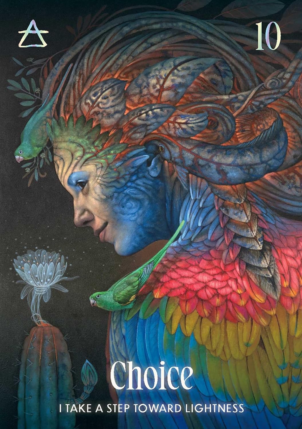 Colorful tarot card with a person and nature elements, featuring the number 10 and the word 'Choice'.