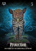 Card with a stylized cat illustration and text 'Protection' on a dark background with mystical designs.