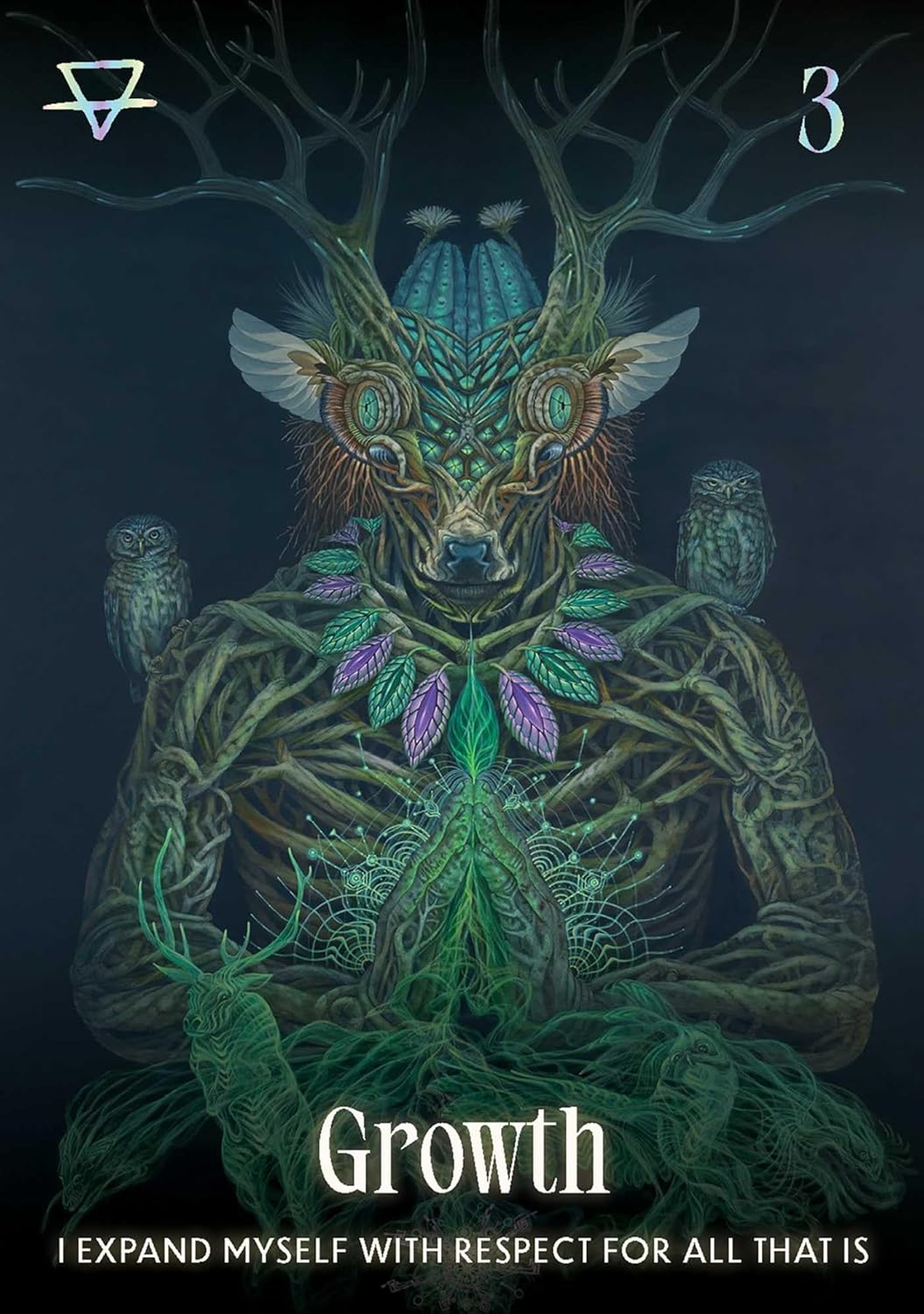 Artistic depiction of a figure with deer-like features and nature elements, titled 'Growth'.