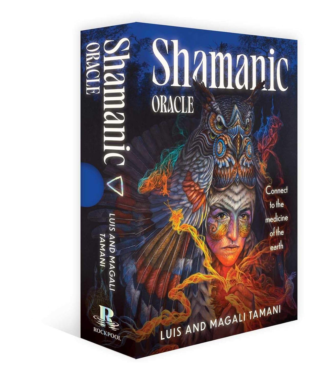 Shamanic Oracle card set packaging with colorful design and text.