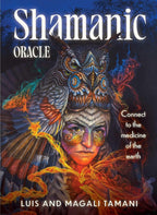 Book cover of 'Shamanic Oracle' with a colorful illustration of a person and owl, and text about connecting to the medicine of the earth.