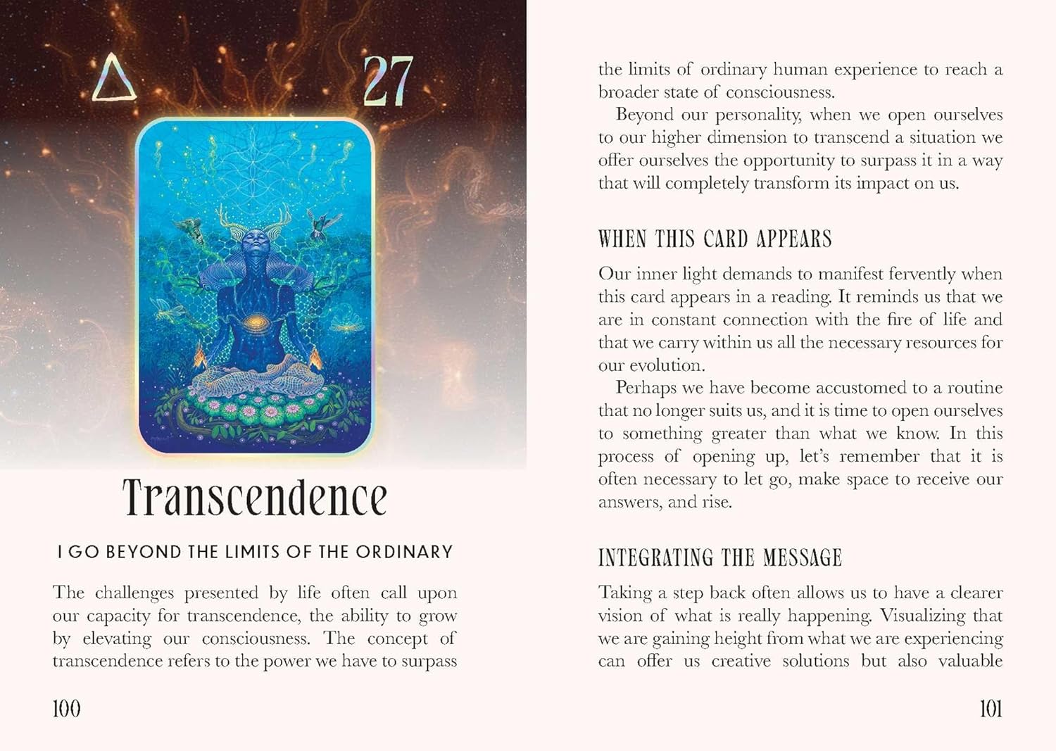 Card from a tarot or oracle deck titled 'Transcendence' with mystical design and text.