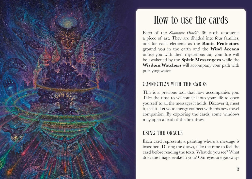 Instructions on how to use Shamanic Oracle cards with a mystical design.