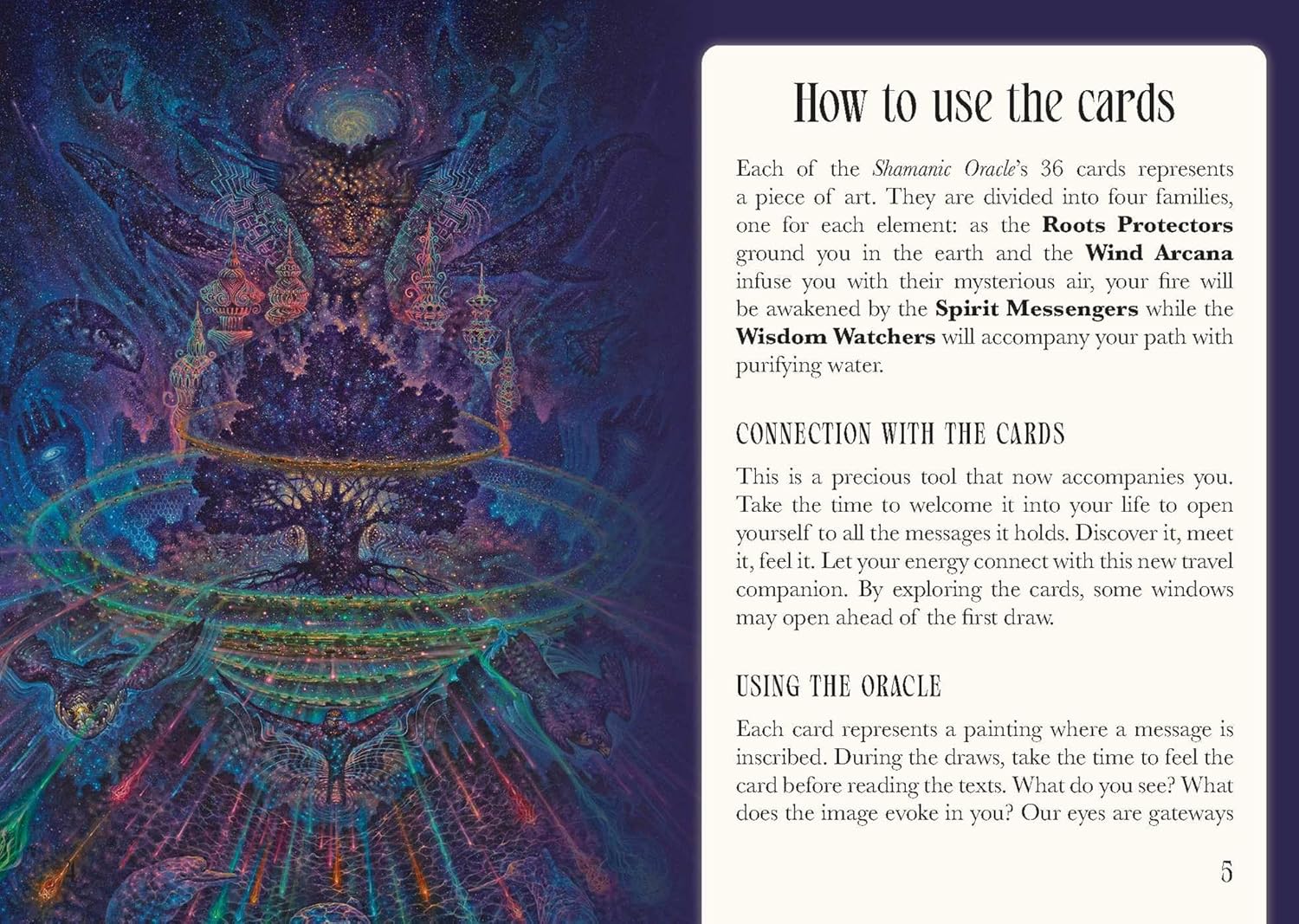 Instructions on how to use Shamanic Oracle cards with a mystical design.